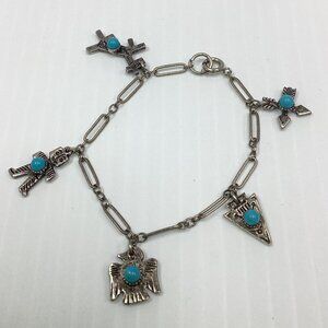 Vintage Silver-Tone Charm Bracelet with Turquoise Accents
